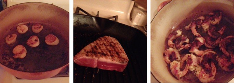 searing scallops, tuna, and shrimp