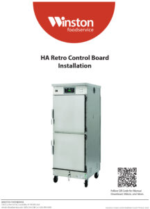 Installation guide for Winston HR Retro Control Board, featuring a commercial kitchen appliance on wheels, designed for efficient food storage and preparation.
