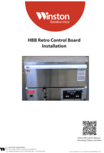 HBR Retro Control Board installation guide featuring a stainless steel control panel with labeled buttons and a QR code for additional resources.